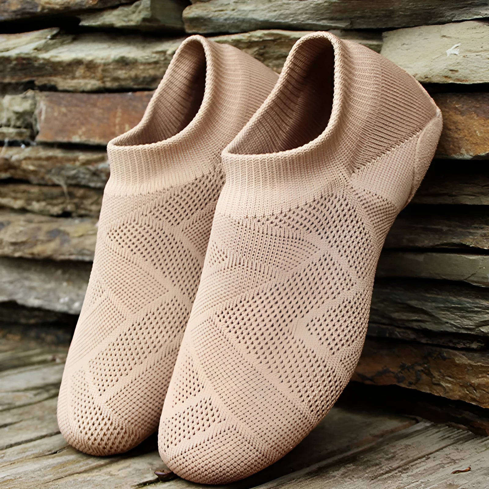 Camel coloured Latin dance shoes with cotton mesh upper and leather sole.