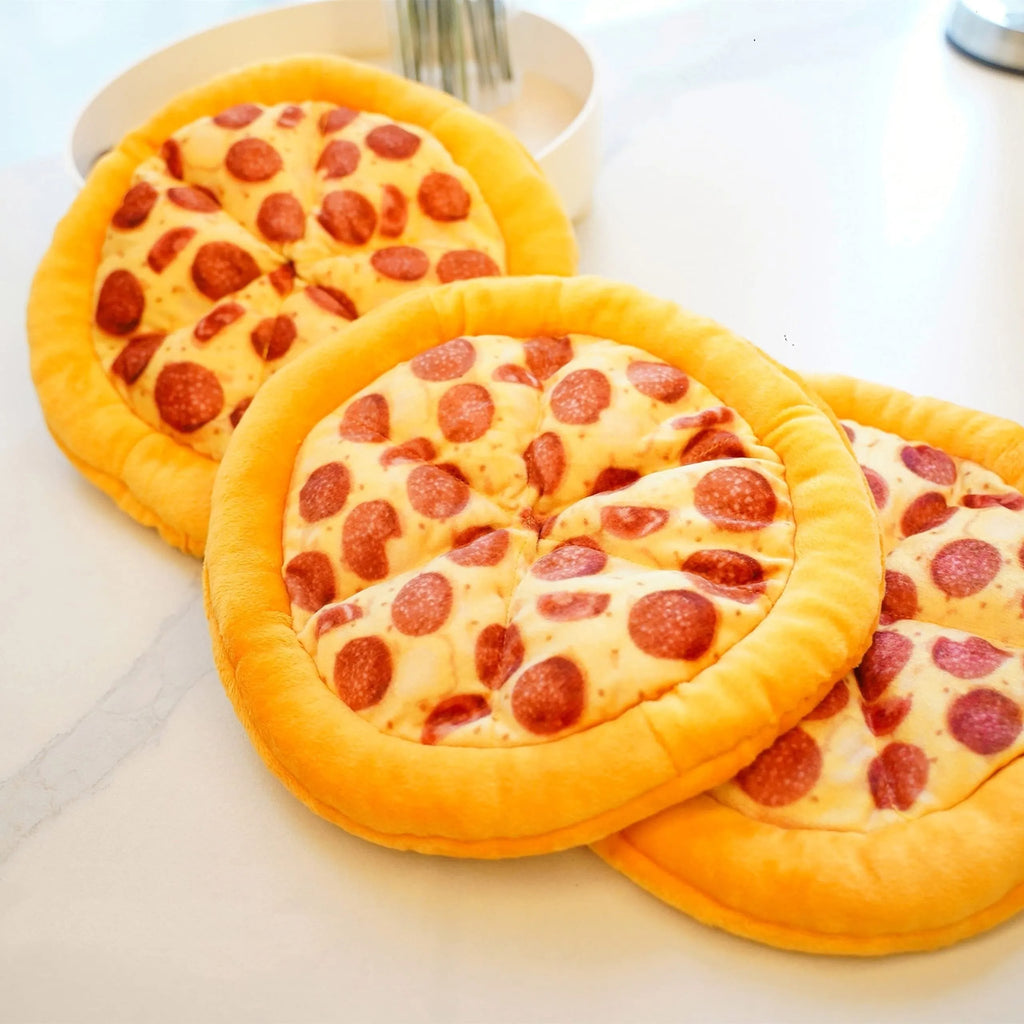 Yellow teddy bear shaped dog chew toy designed as a pizza slice with a textured surface