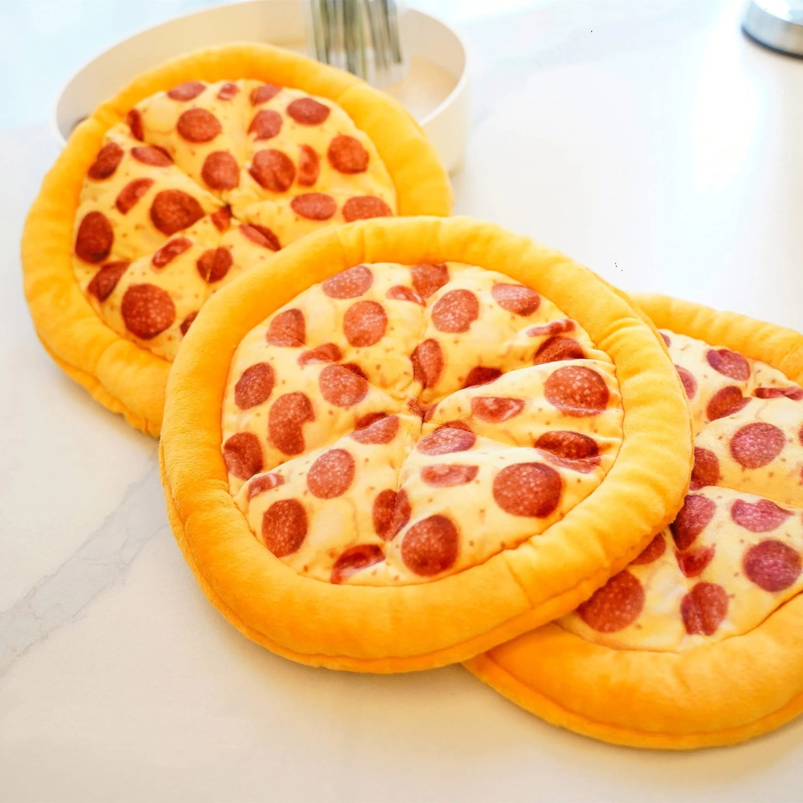 Yellow teddy bear shaped dog chew toy designed as a pizza slice with a textured surface