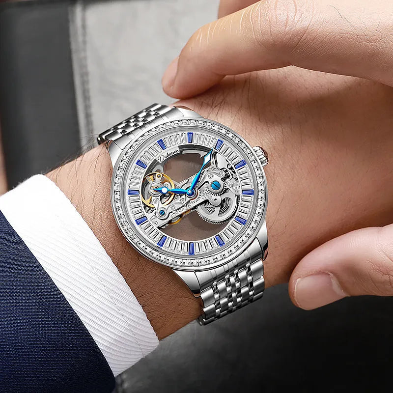 Men's mechanical business watch with transparent case back, 12mm thickness, stainless steel strap and onion head crown