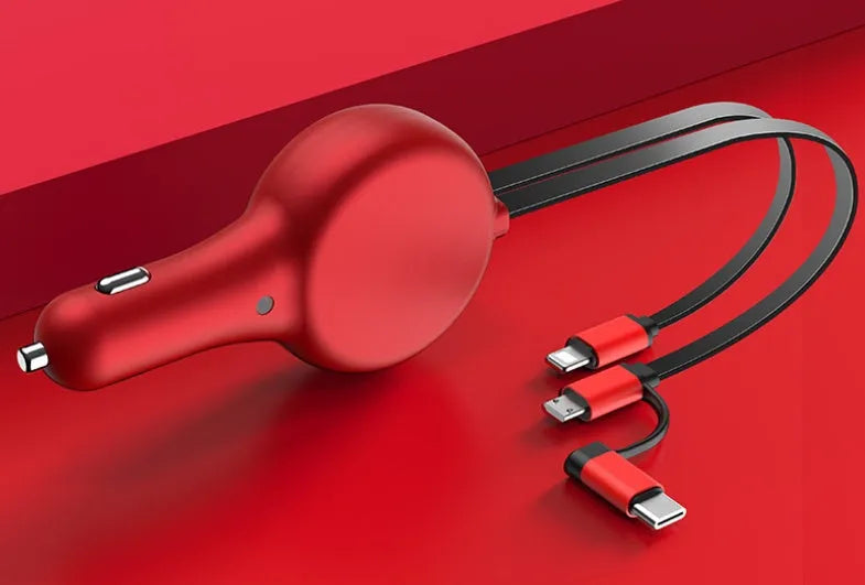 Black retractable car charger with extended cables showing three different charging head types