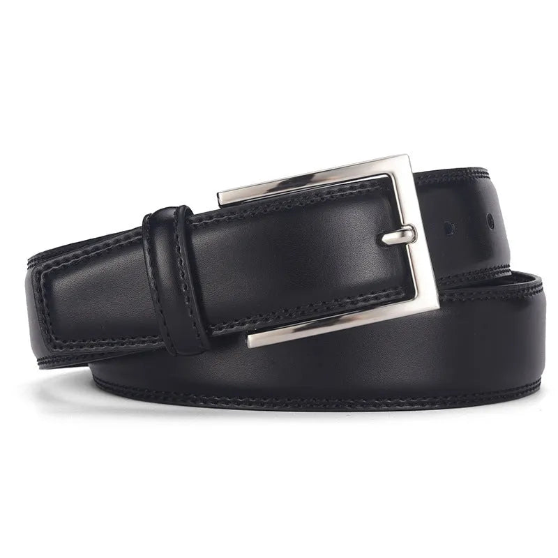 Men's black leather belt with a silver alloy pin buckle, showing the patent leather finish.