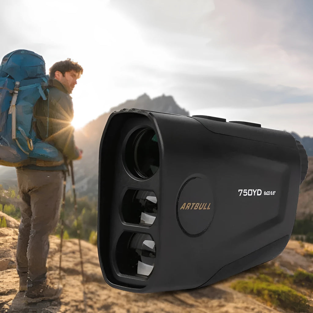 Rechargeable golf laser rangefinder distance meter showing LCD display with yard measurement