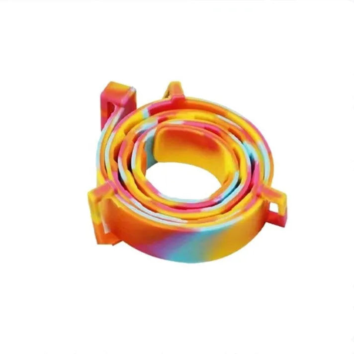 Rainbow coloured plastic flea collar for cats and dogs, showing cat and dog style options