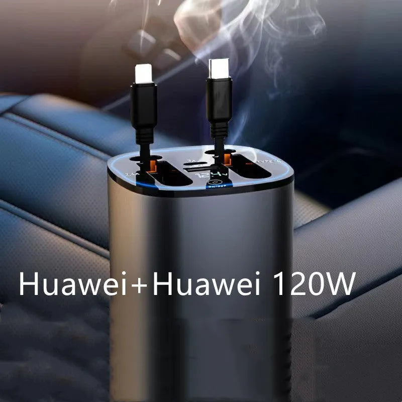 Retractable car charger with four-port USB adapter extending from vehicle cigarette lighter socket