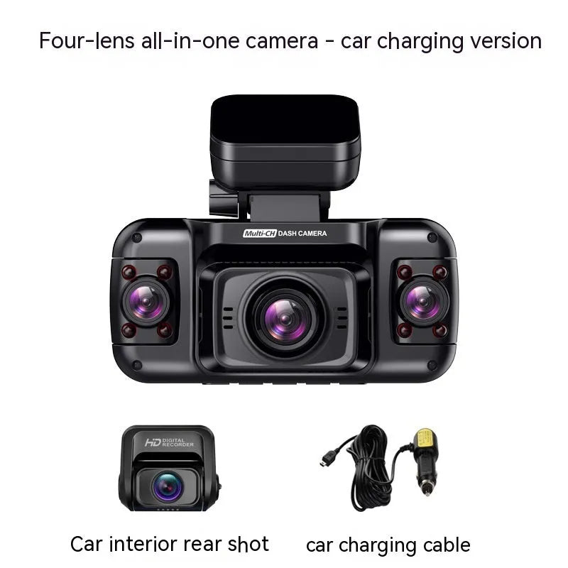 Car driving recorder with four lenses, 2-inch screen, and plastic housing for vehicle monitoring