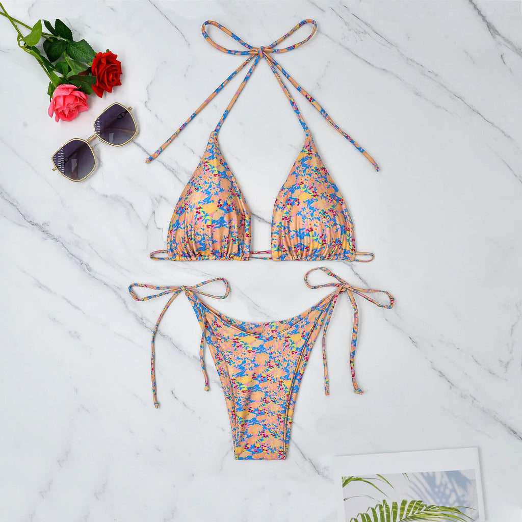 Lace-up front bikini swimsuit with backless design and briefs style for swimming sports