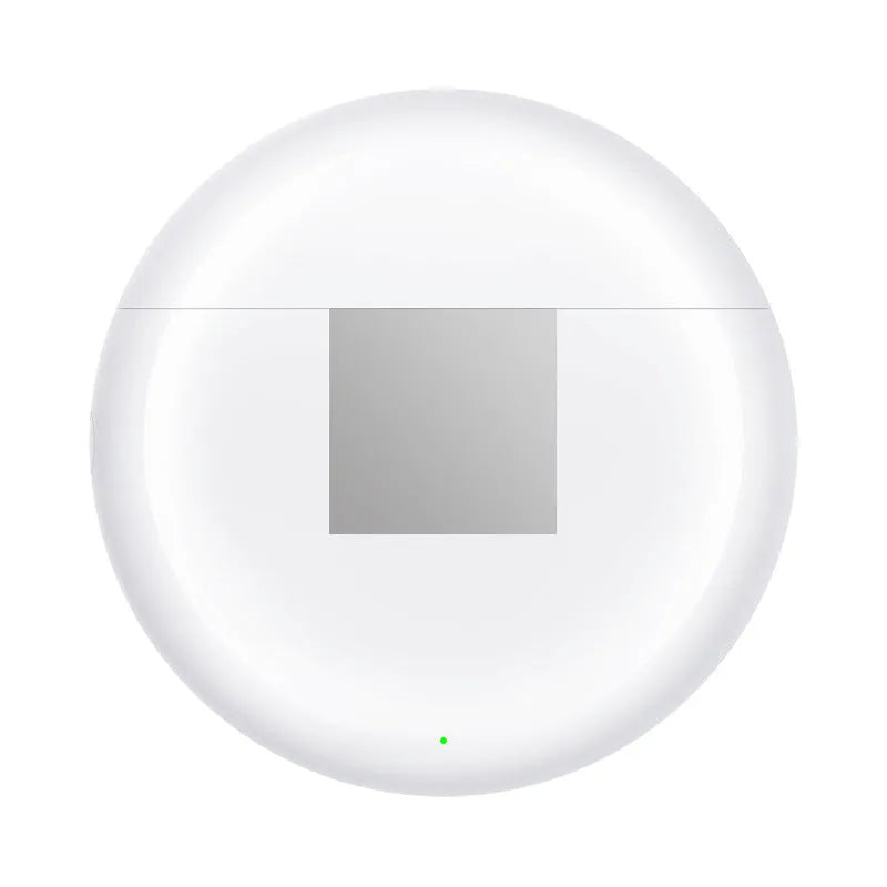 White Budz5 wireless Bluetooth semi-in-ear earphones with a charging compartment on a white background.