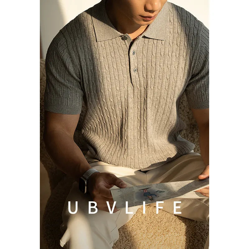 Men's short sleeve business commute top in khaki colour showing front view with size options