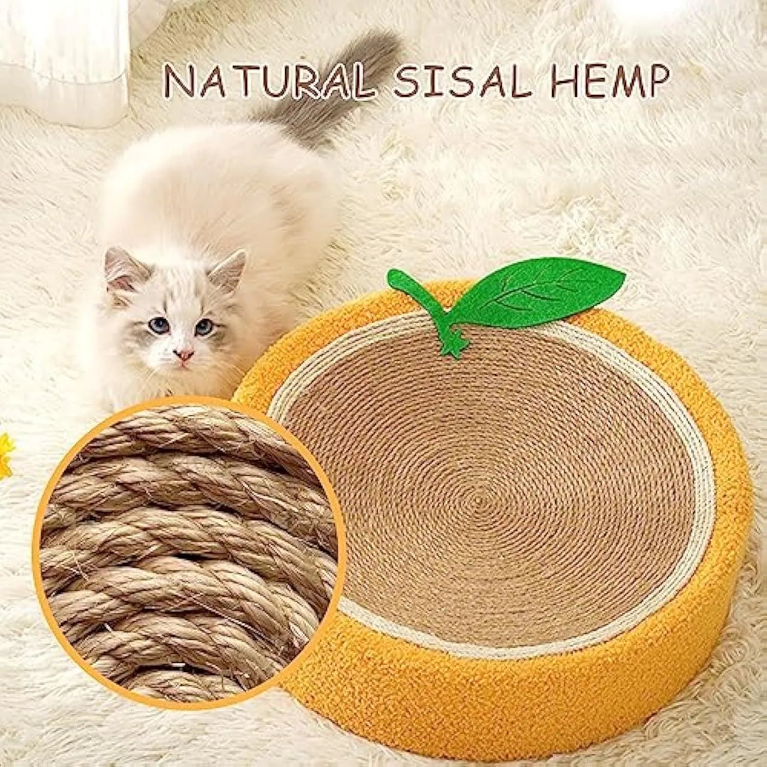 Round yellow fruit-shaped sisal cat scratching board with bed