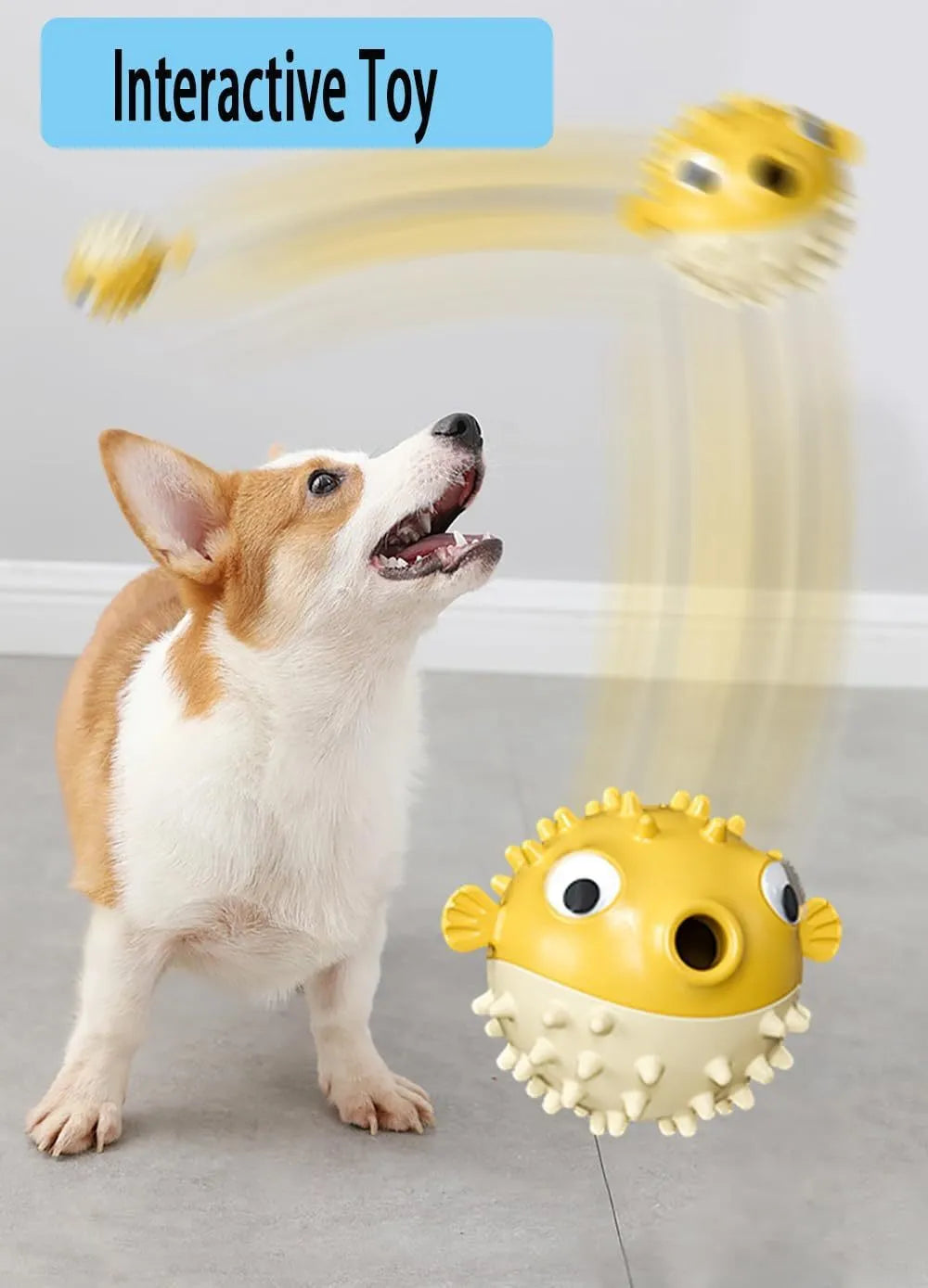 Fish-shaped interactive dog chew toy with treat dispenser in green, red or yellow colours