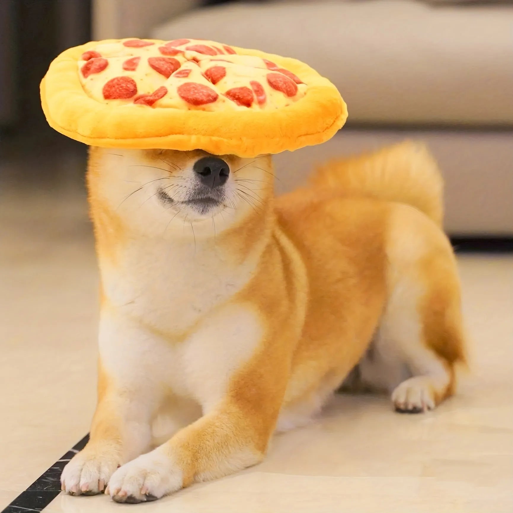 Yellow teddy bear shaped dog chew toy designed as a pizza slice with a textured surface