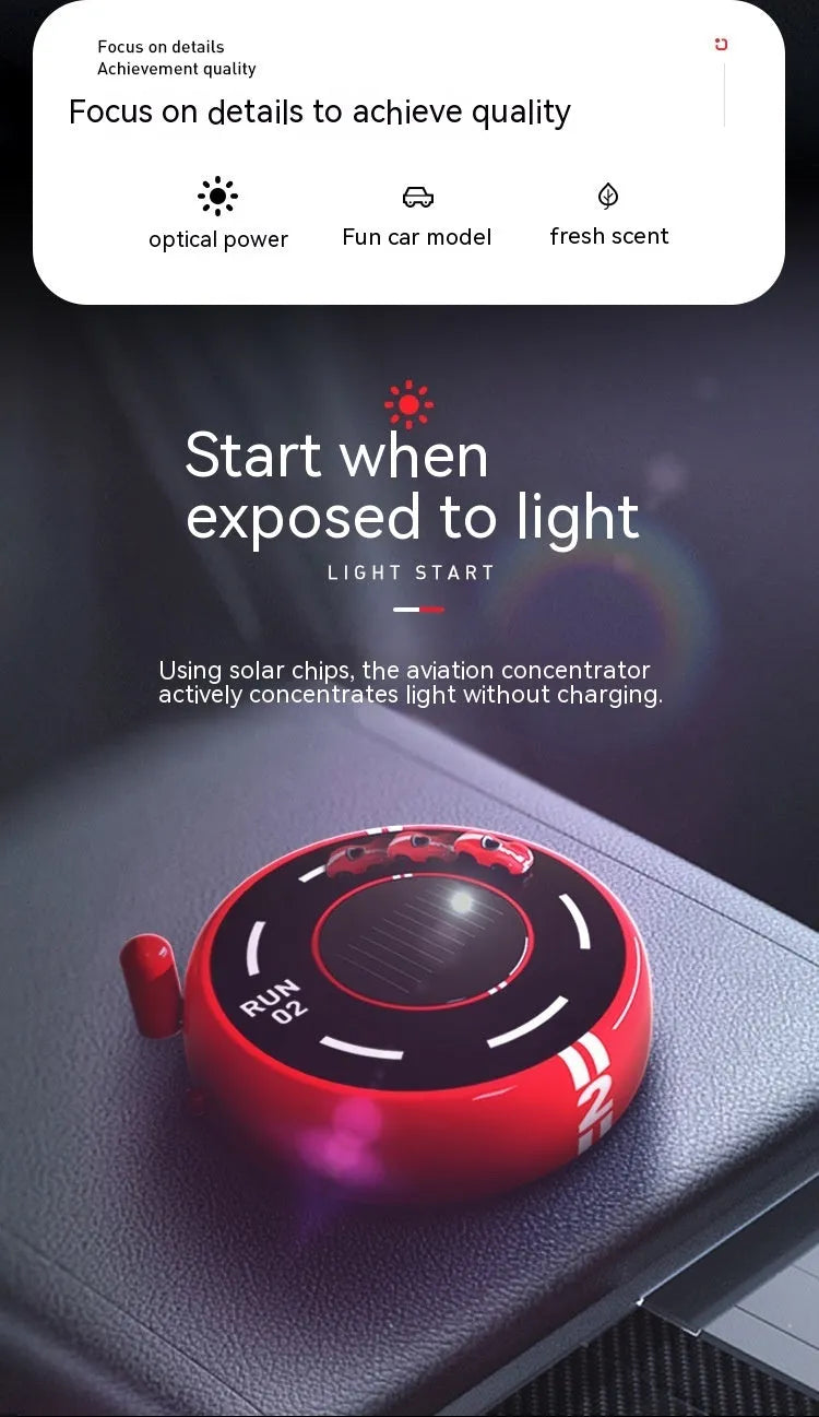 Round solar-powered car air freshener decoration in modern styling for vehicle interiors