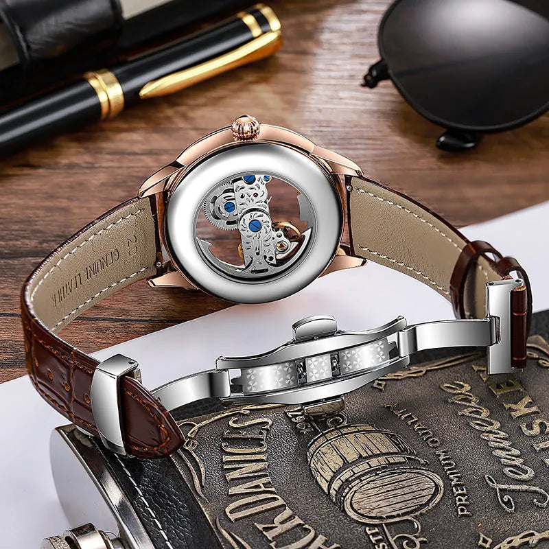 Men's mechanical business watch with transparent case back, 12mm thickness, stainless steel strap and onion head crown