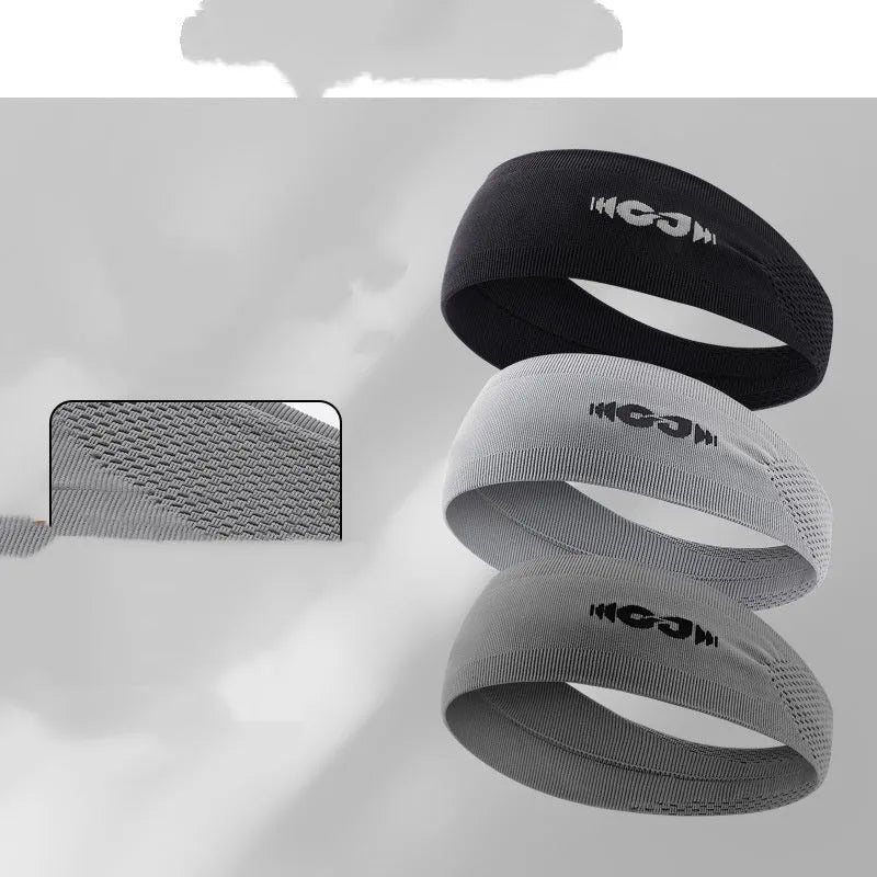 Seamless knitted sports hair band in black, grey, and blue for cycling and running.
