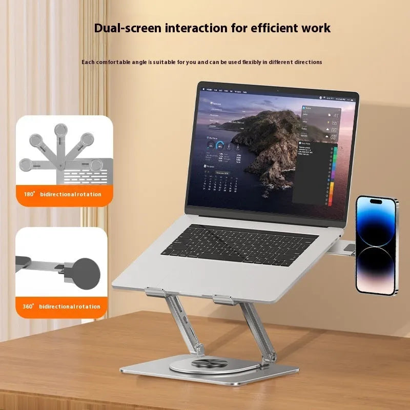 Silver carbon steel laptop stand with rotating top and a side-mounted magnetic mobile phone holder.