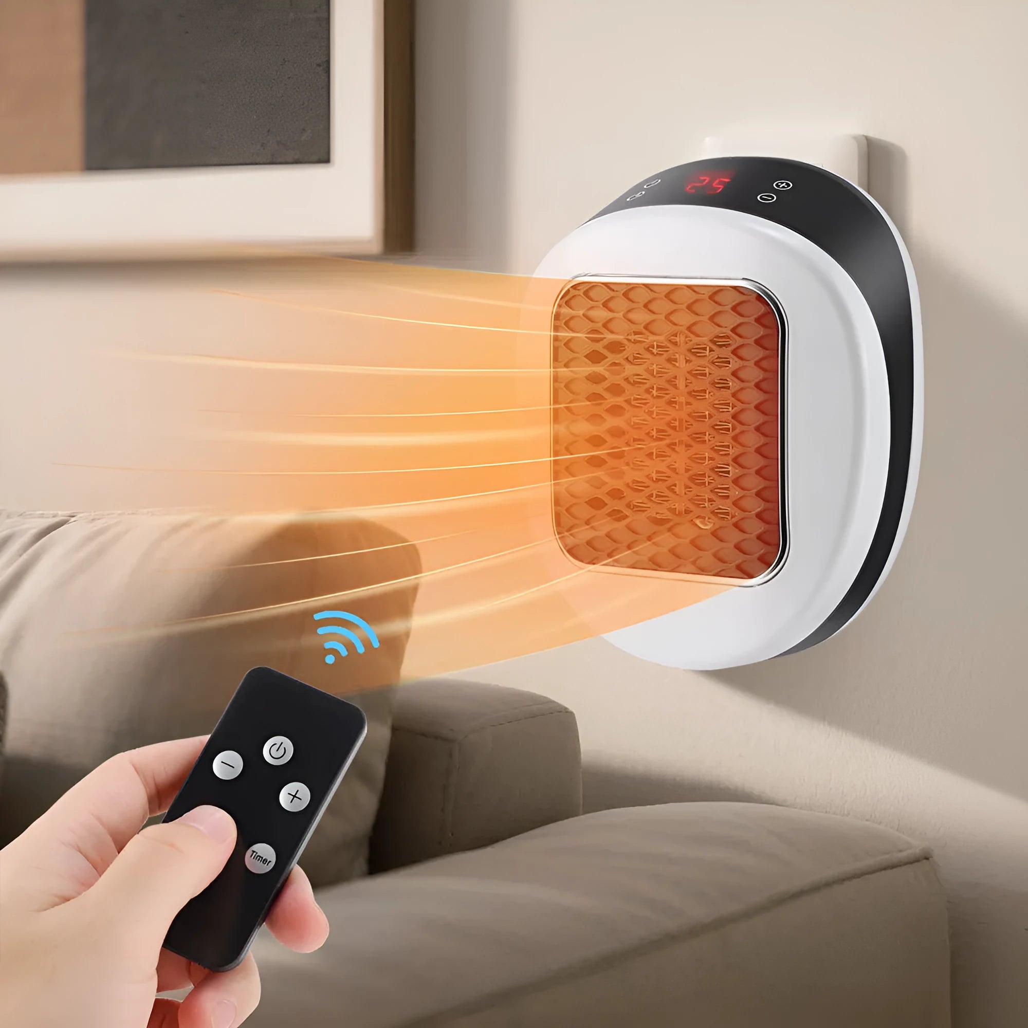 White portable ceramic electric fan heater with remote control on a table.