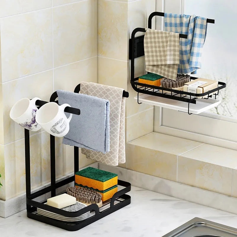 Foldable white plastic kitchen draining rack in New Chinese style, shown both open and collapsed.