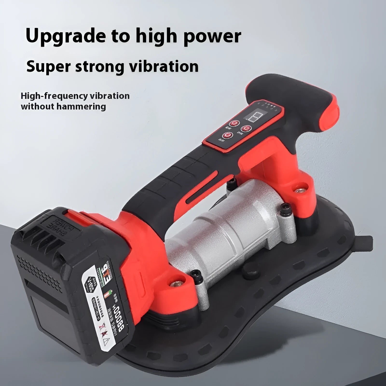 21V cordless tile laying machine with adjustment dial, shown with batteries for automatic tile pasting.