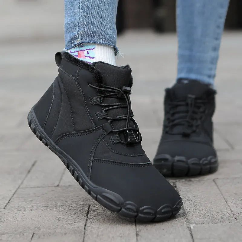 Waterproof unisex snow boots with fleece lining and non-slip rubber soles in black, pink, or khaki.