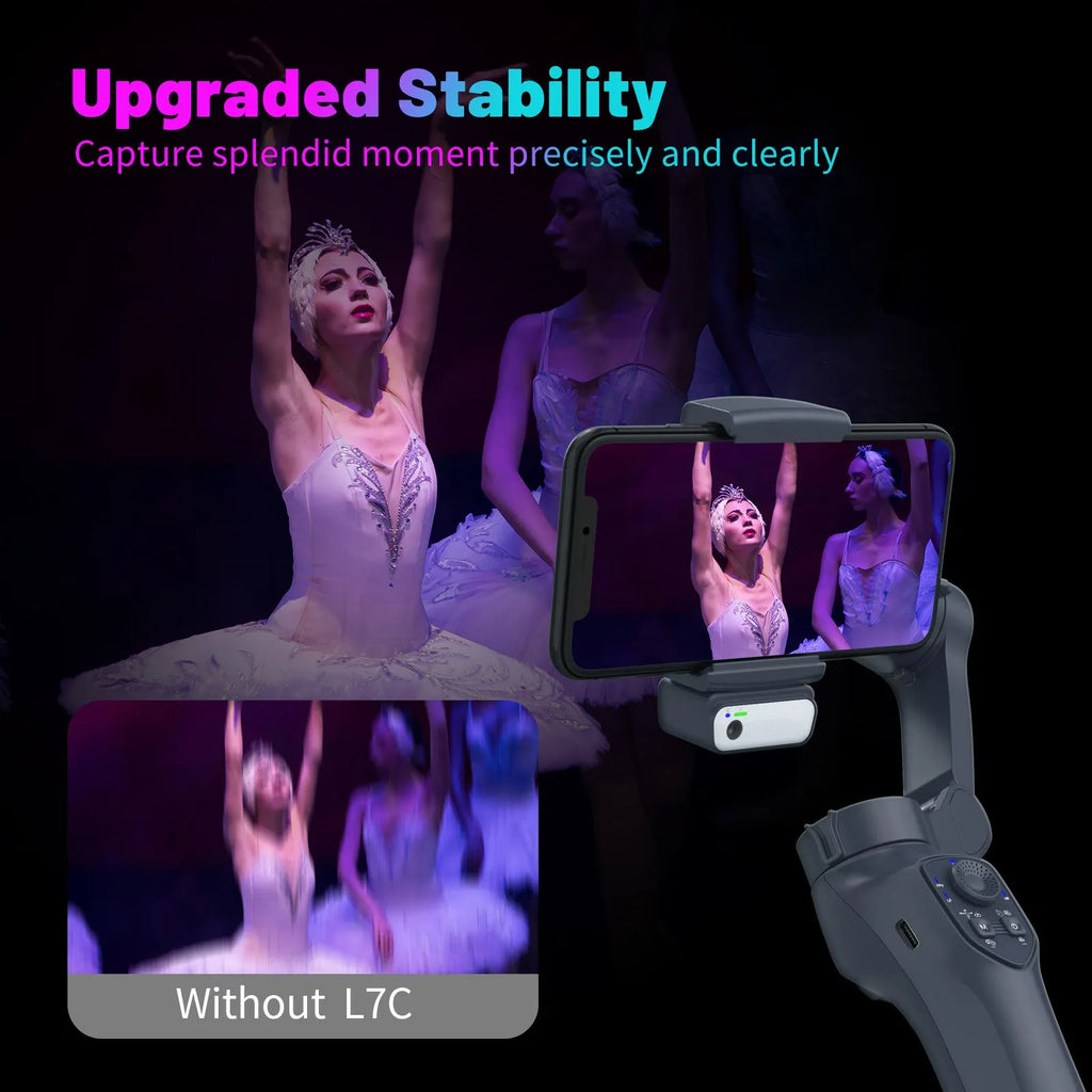 Gun colour L7Cpro foldable handheld camera stabilizer with AI-RGB showing USB charging port