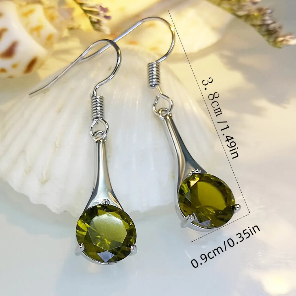 Olive green topaz colour drop earrings with water drop shape and electroplated finish