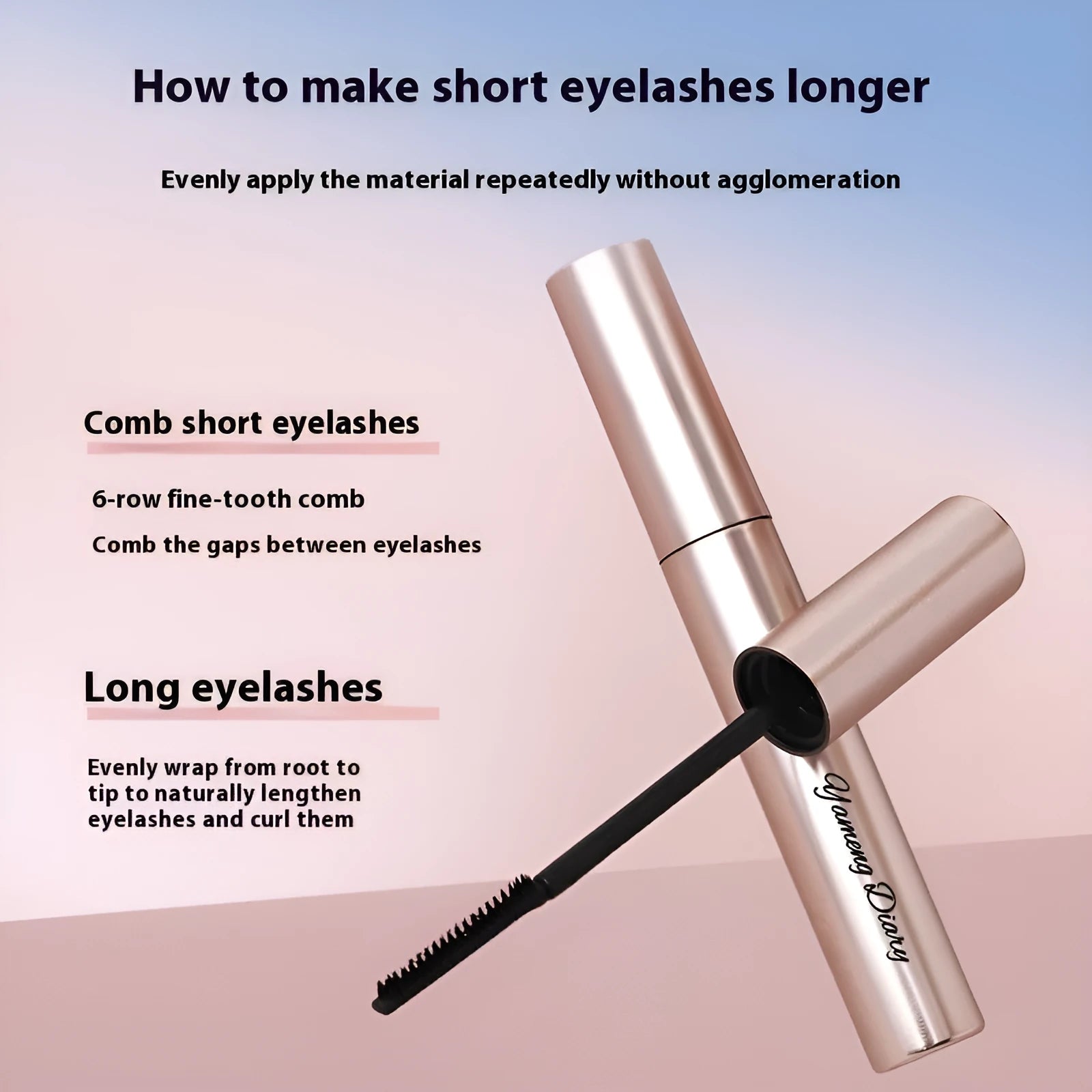 Black mascara tube with brush applicator for curling and volumising lashes
