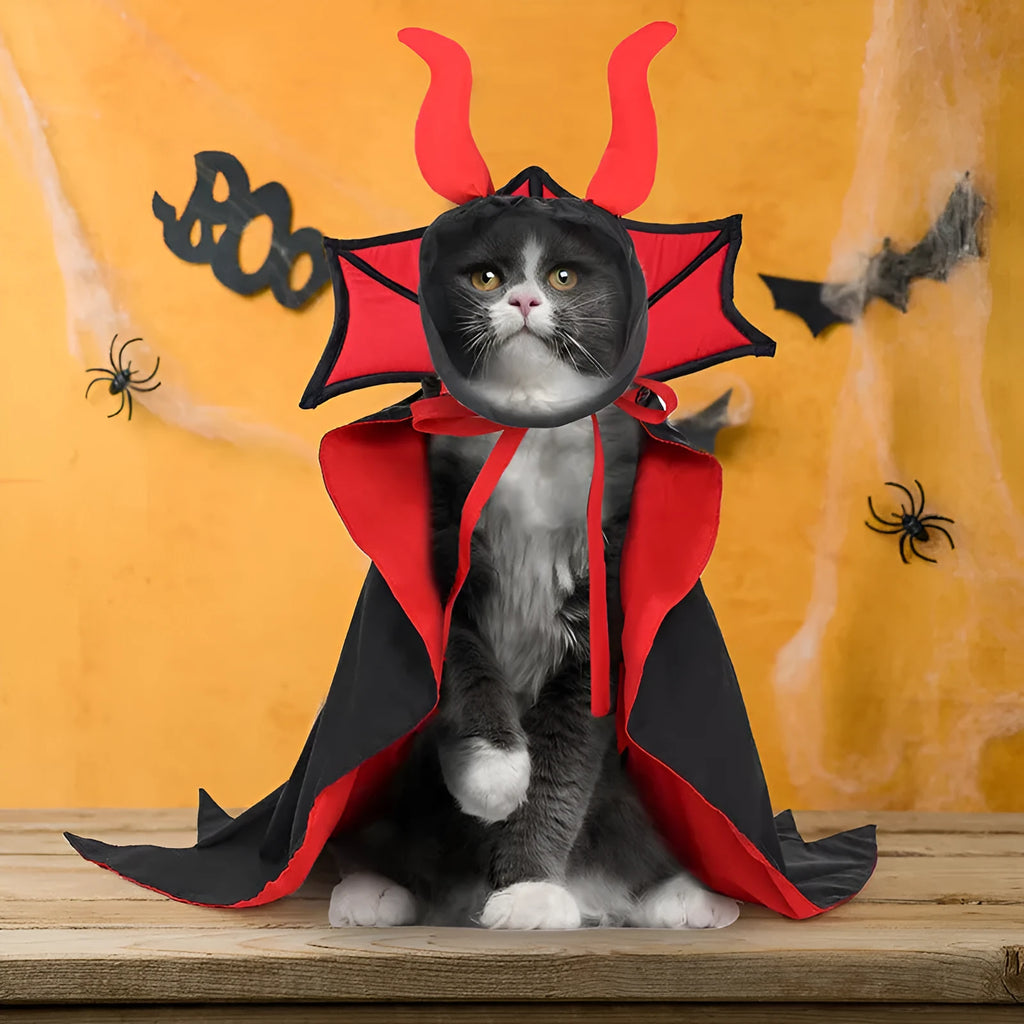 Black polyester pet vampire costume with long cloak and pointed hat for Halloween dressing