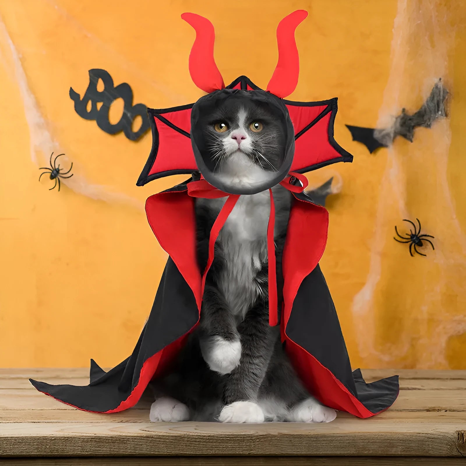 Black polyester pet vampire costume with long cloak and pointed hat for Halloween dressing