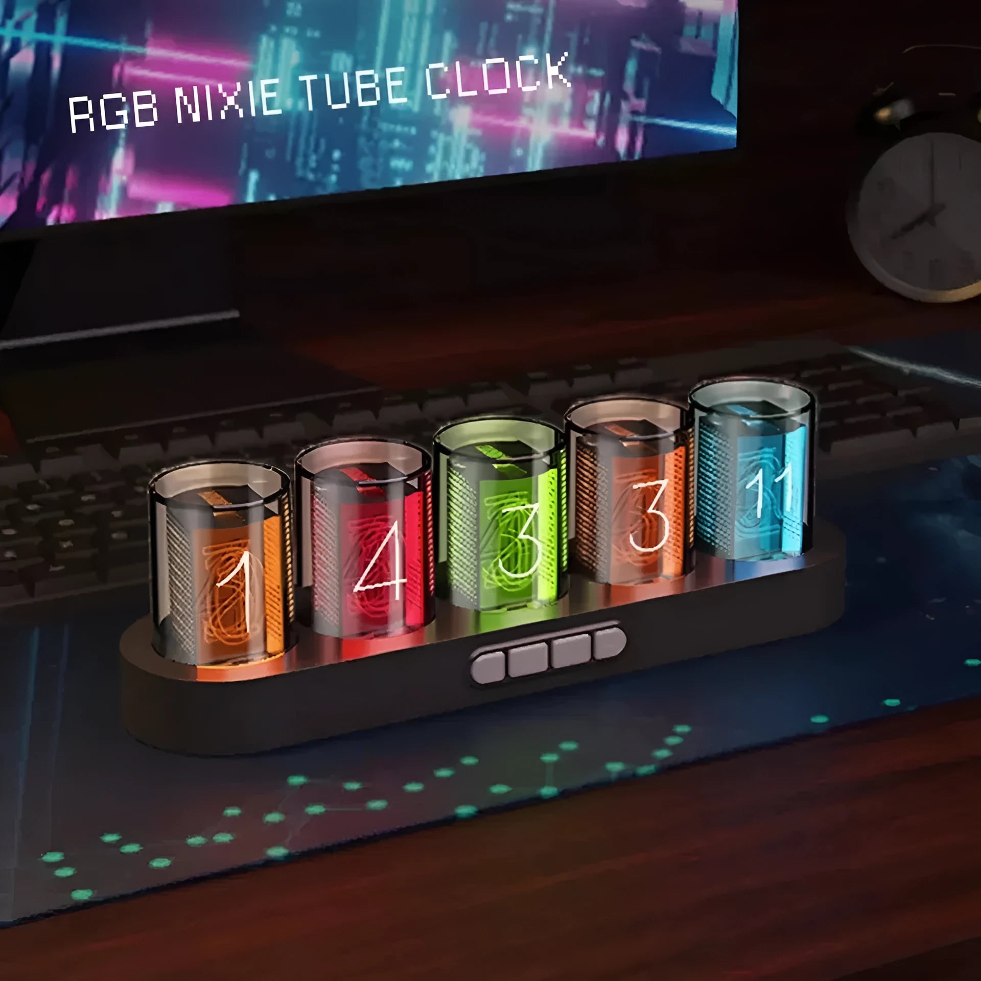 RGB LED digital clock showing colourful display modes with USB cable connection
