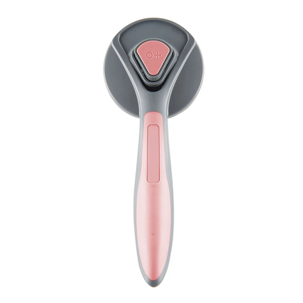 Grey self-cleaning pet grooming brush with a comfort-grip handle and a one-click button