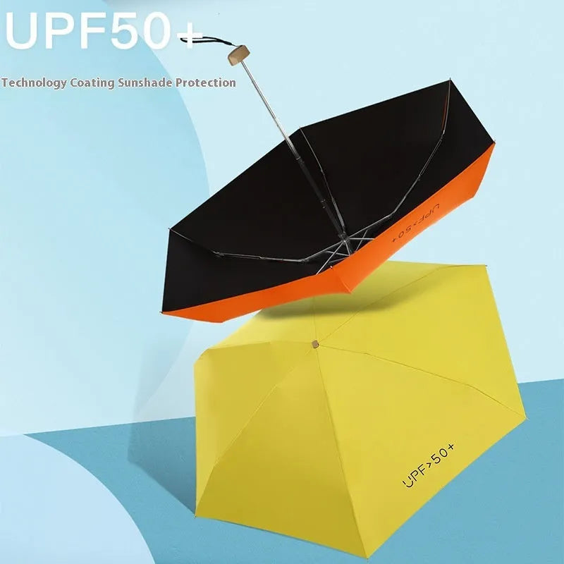 Five-fold mini pocket sun umbrella with rubber handle shown in open position