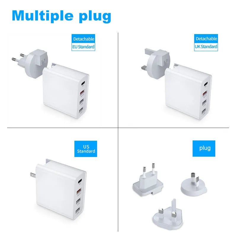 Multi-port USB fast charger with PD and QC technology in ABS plastic housing