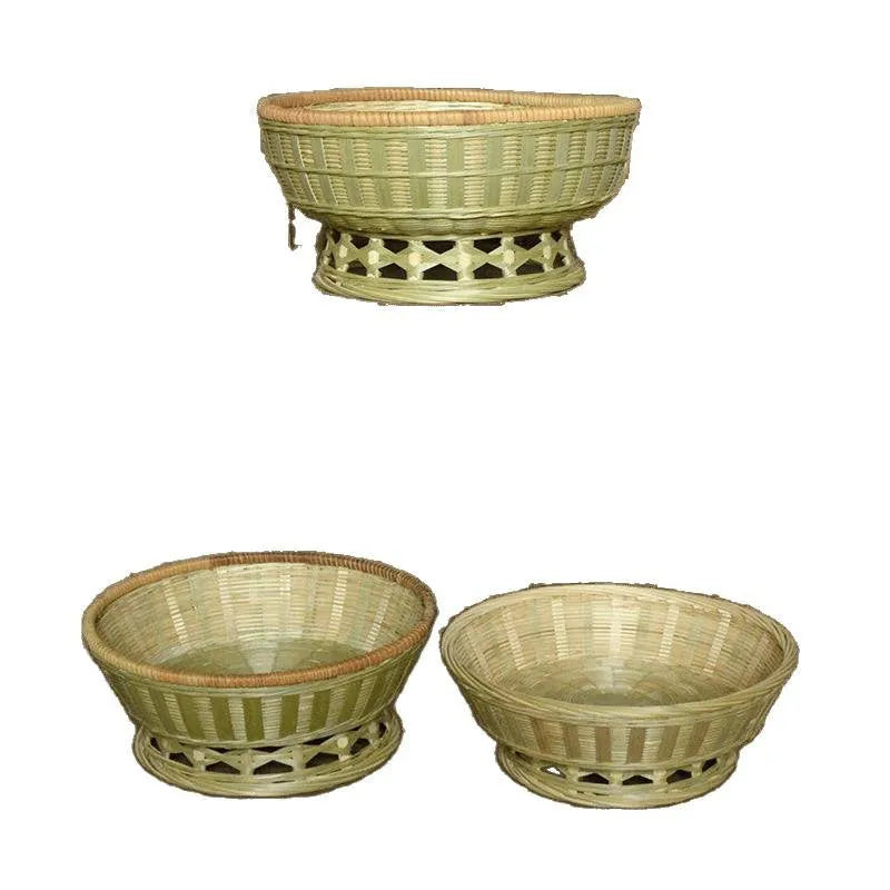 Handmade natural bamboo storage basket shown in a household setting.