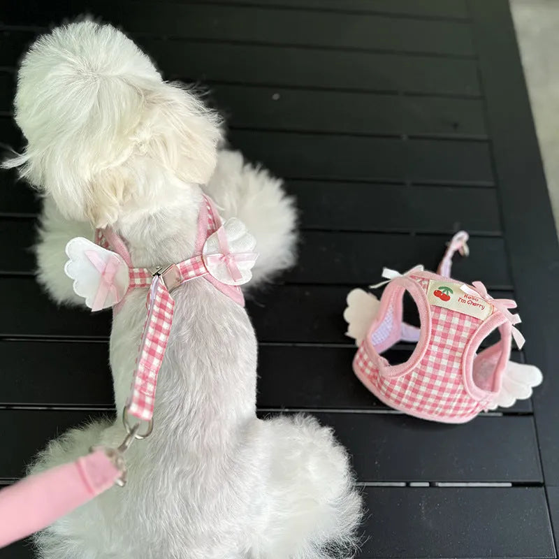 Cotton chest and back dog harness for small breeds in pink or black with adjustable sizing