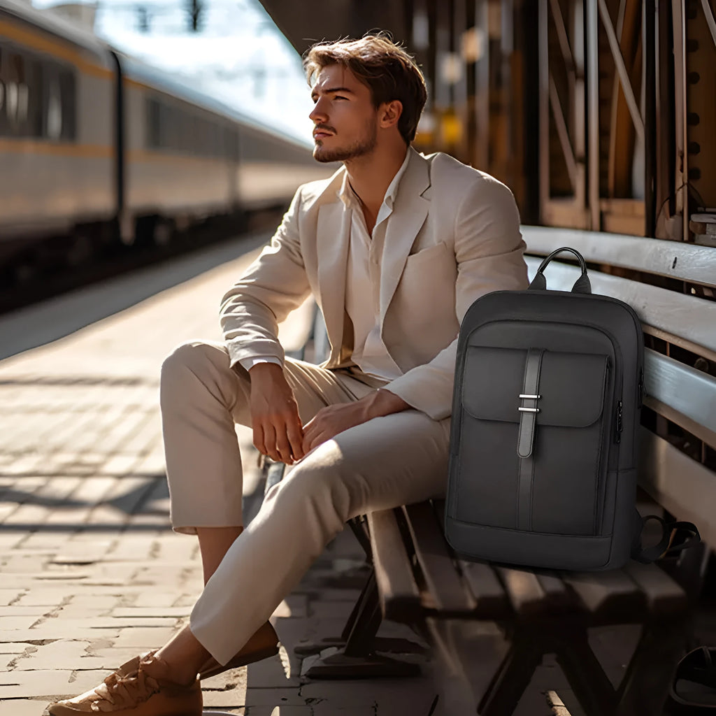 Black Oxford cloth backpack with urban simplicity style and sewing line details