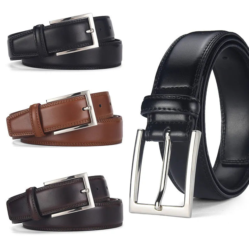 Men's black leather belt with a silver alloy pin buckle, showing the patent leather finish.