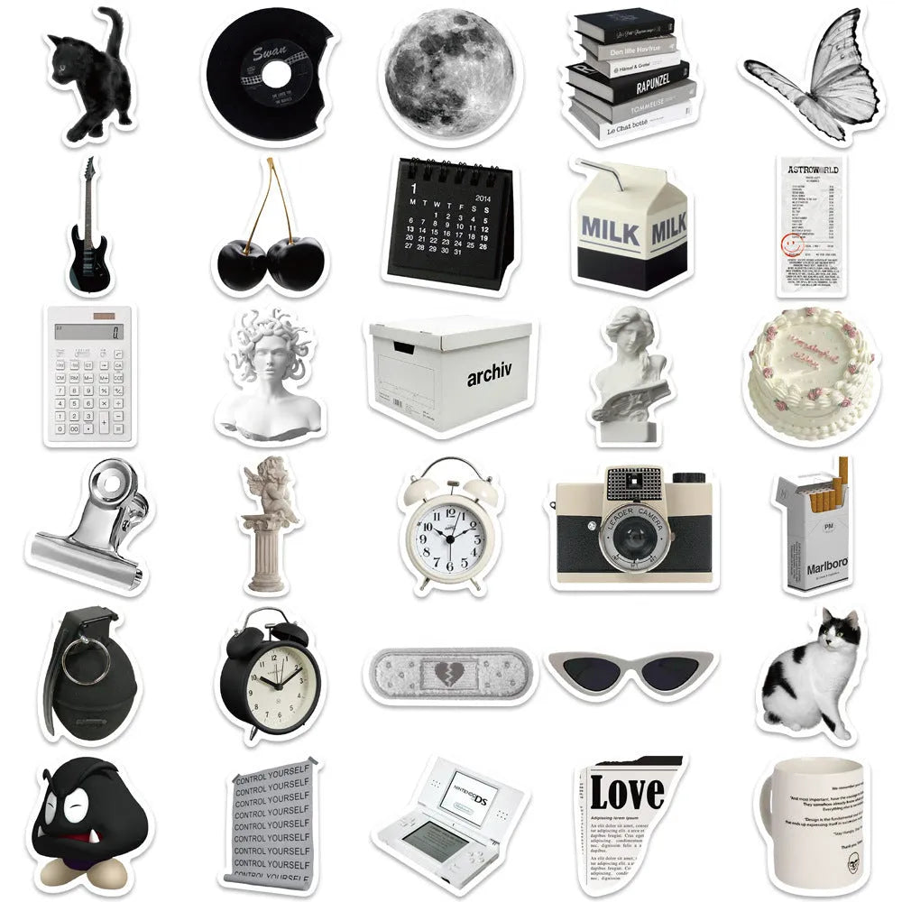 61 black and white waterproof vinyl stickers with coffee and tea cup designs for laptops and phones
