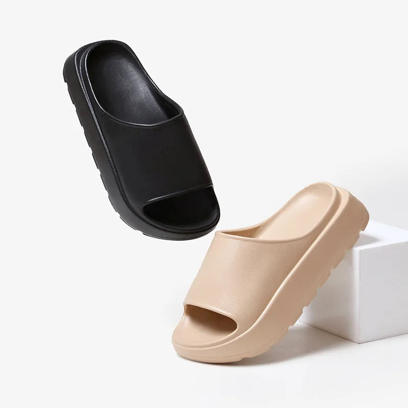 Women's fish mouth slippers with a thick 5.5cm light-coloured EVA sole, shown in beige.