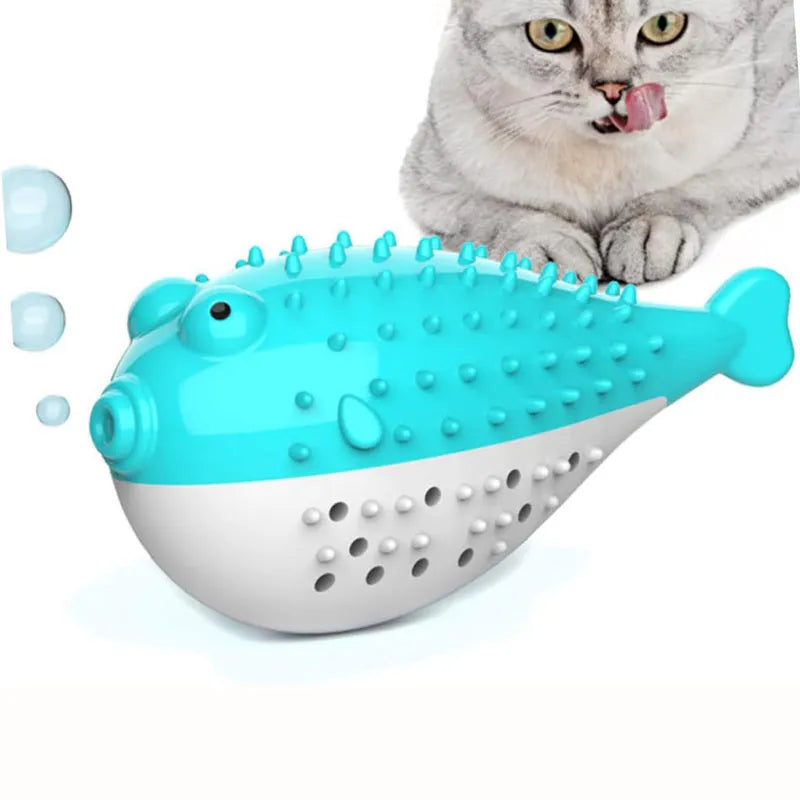 Blue silicone fish-shaped cat chew toy with a protruding grabbing handle on a white background.