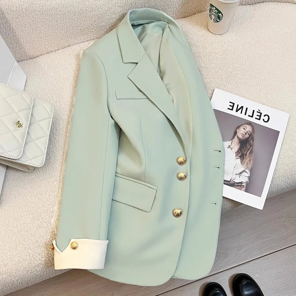 Korean-style loose fit women's coat in milky white with pockets and long sleeves