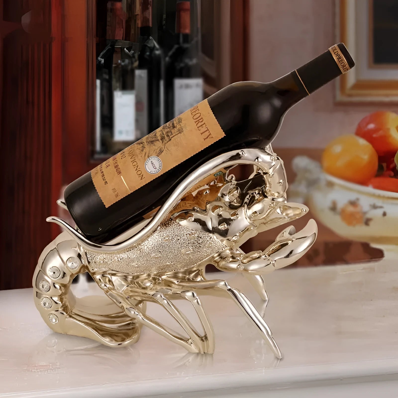 Lobster-shaped resin wine rack in rose gold or elegant silver metallic finish