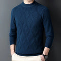 Men's diamond jacquard knit winter pullover sweater in a wool and polyester blend.