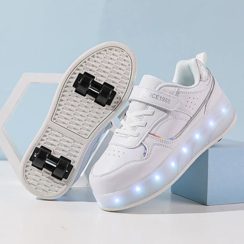 Kids charging flash rollerskates with LED lights in pink black white purple sizes 29-40