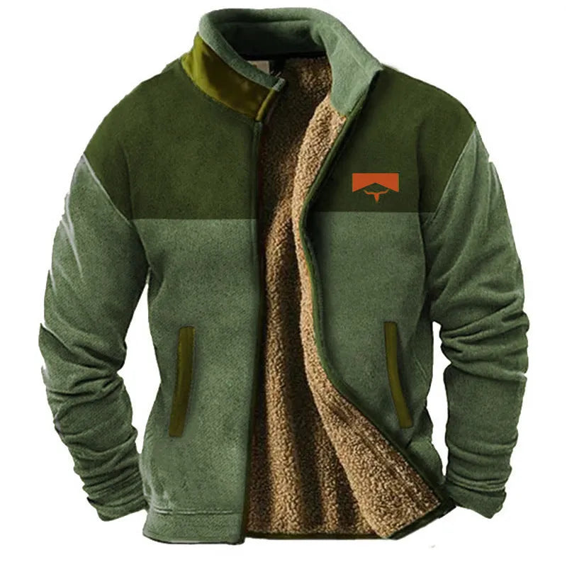 Men's green polyester fleece padded coat on a hanger, showing regular length and padded construction.