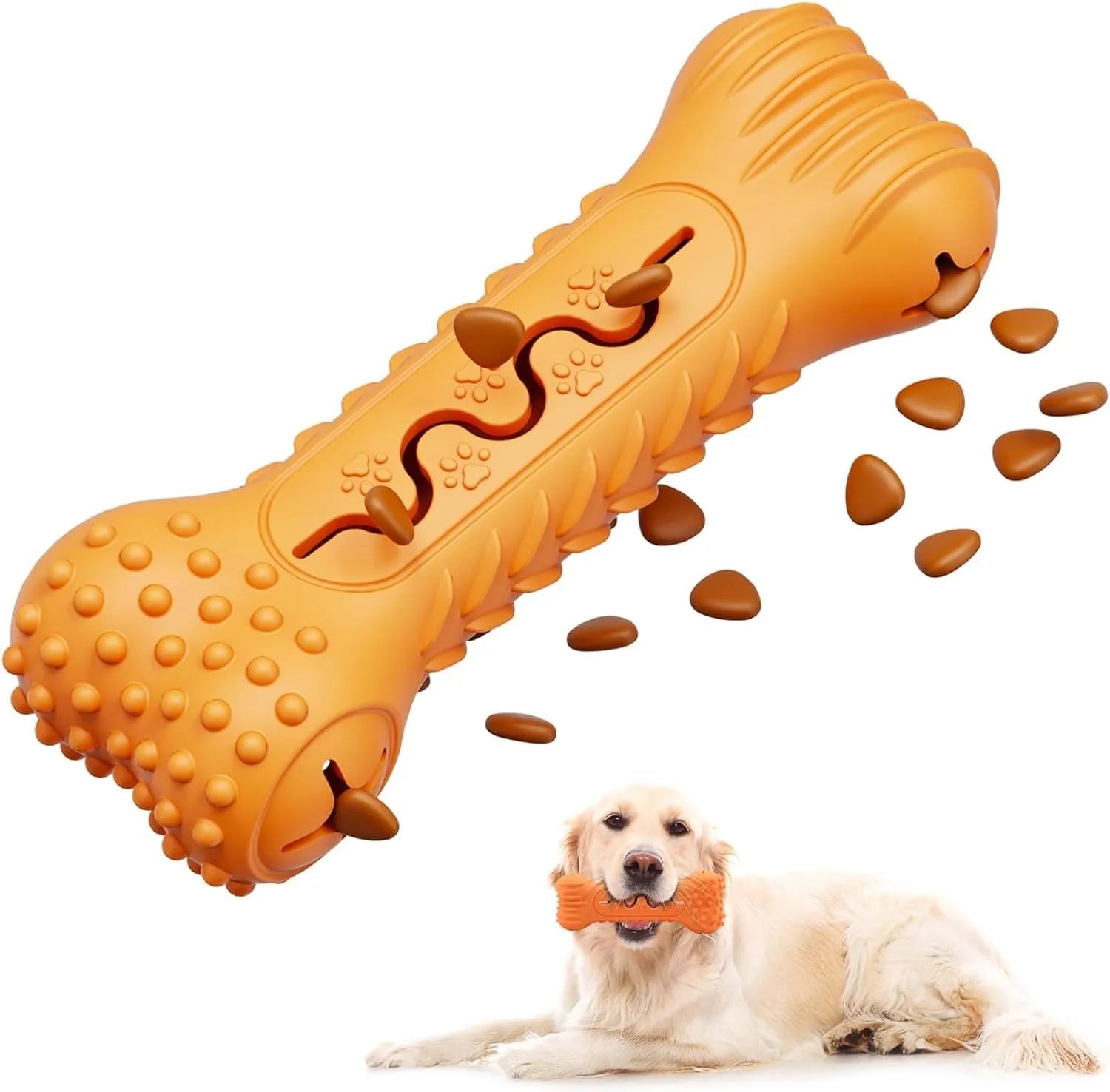 Blue natural rubber bone-shaped dog chew toy for aggressive chewers with textured teeth-cleaning surface