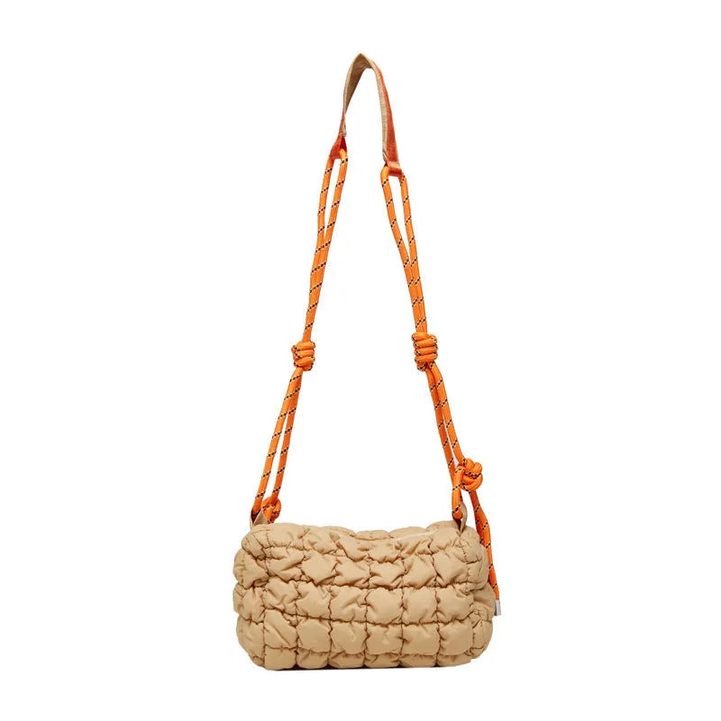 Women's lightweight nylon messenger bag in pillow shape with rhombus pattern and shoulder strap