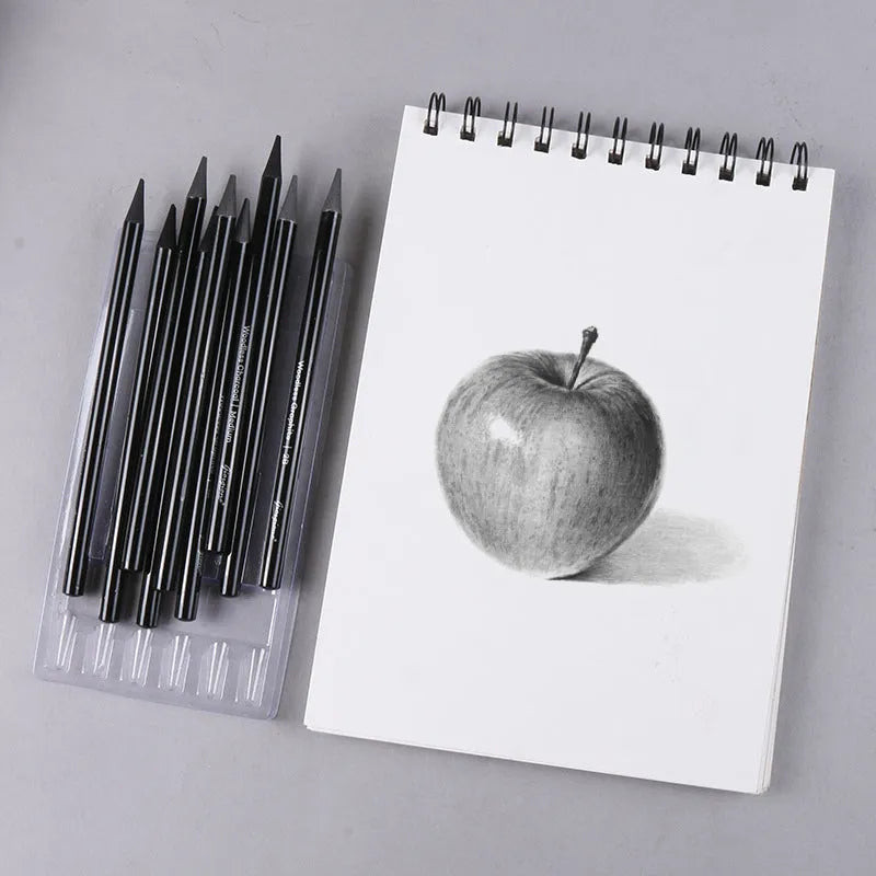 Set of 6 graphite and 3 carbonized drawing pencils on suction card packaging with wooden shell