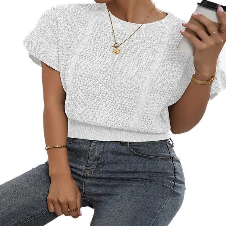 Knitted pullover sweater with twisted string ruffle short sleeves in Japanese Korean casual style