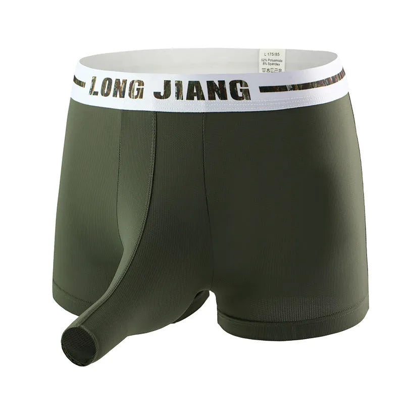 Men's solid colour ice silk open trunk boxer shorts laid flat, showing mid-waist design.